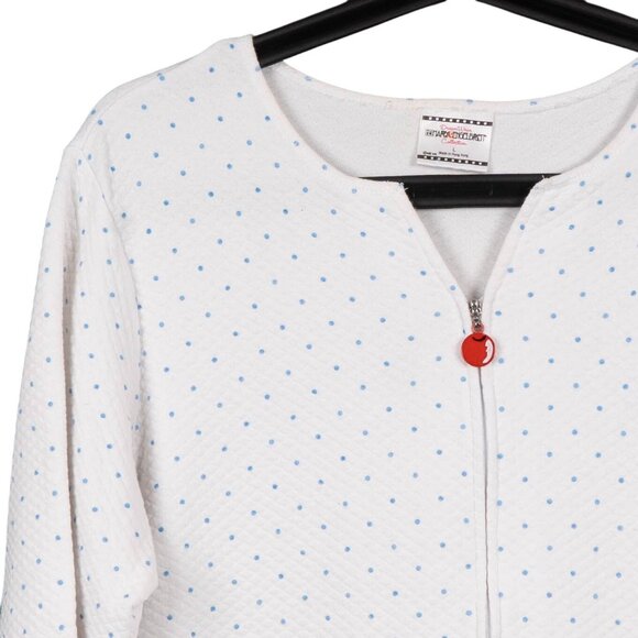 Mary Engelbreit DreamWear Quilted Robe L Women White Polka Dot Zip Cherry Pocket - Picture 2 of 8